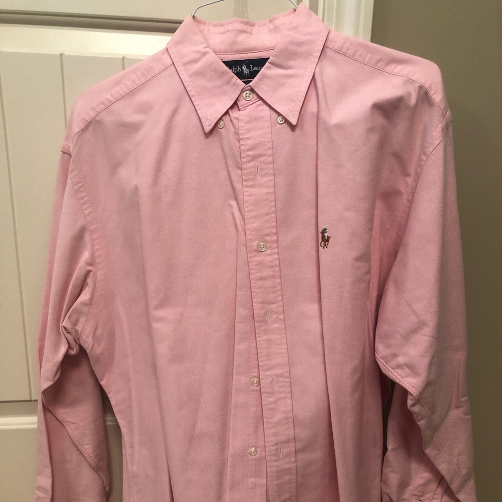 Men’s pink long sleeve button down polo